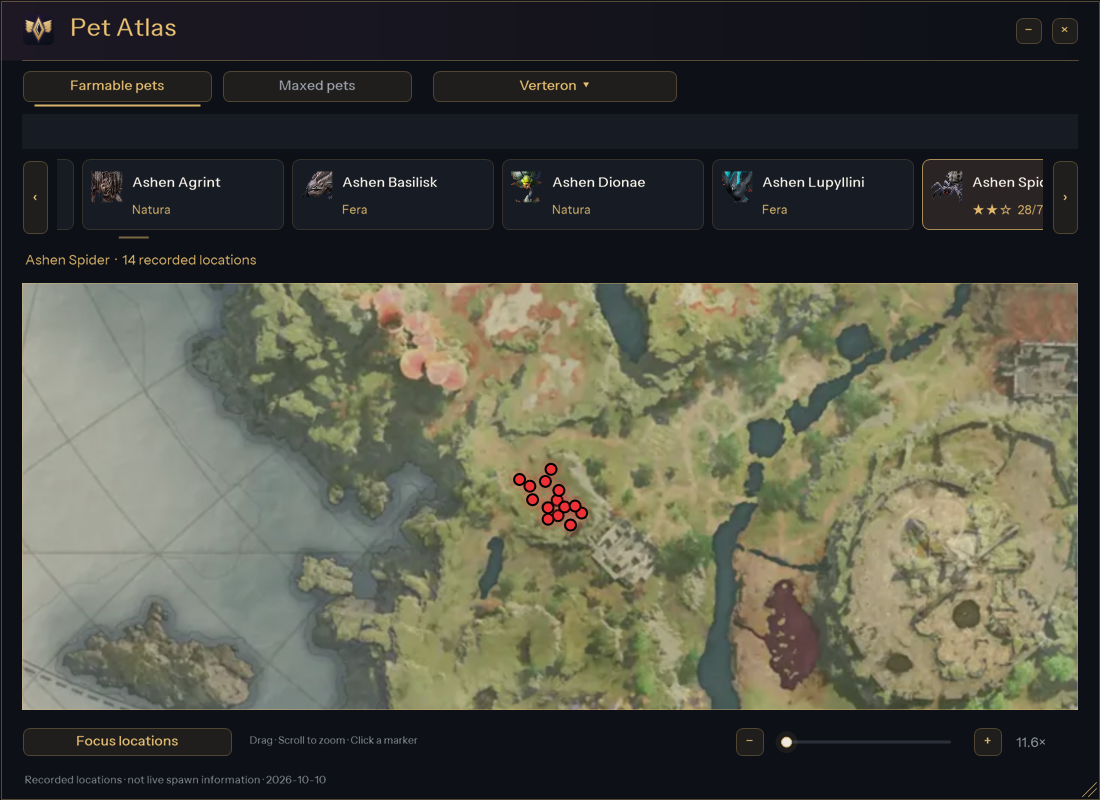 Pet Atlas showing Ashen Spider locations as red dots with black outlines on Verteron