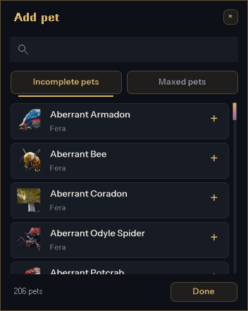 Pet picker with search, incomplete pets and maxed pets tabs