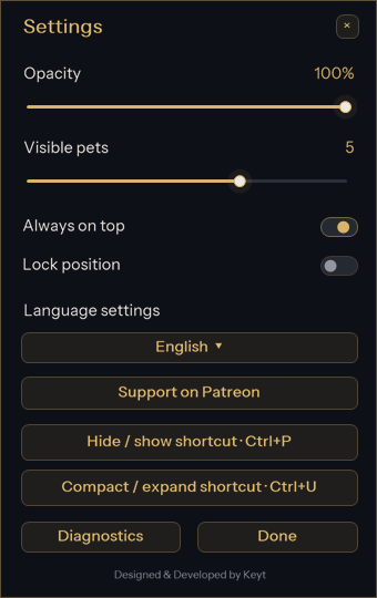 Settings for opacity, height, position locking and language